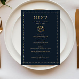 Cartão de menu Dourado do Marinho Celestial Sun e
