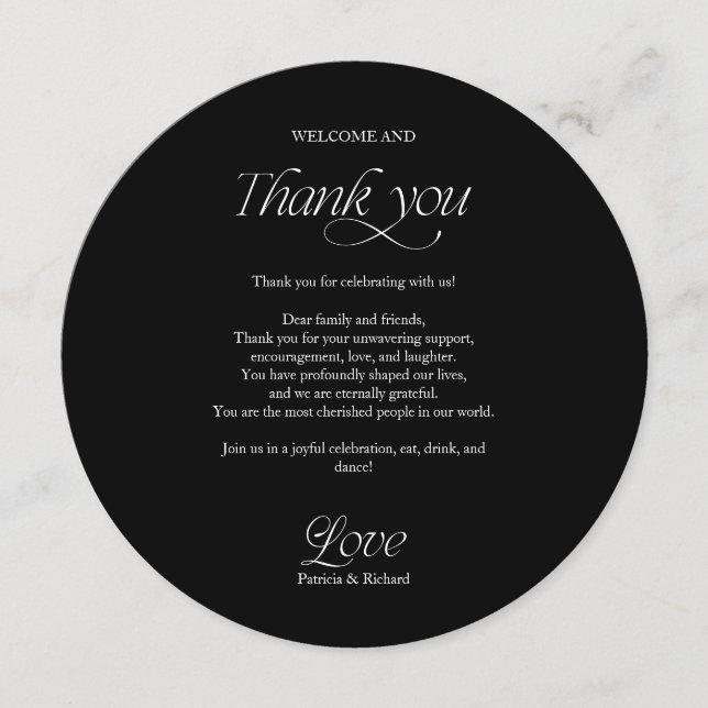 Cartão de Menu e Agradecimento de Casamento Círcul (Frente)