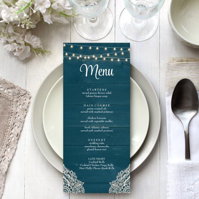 Cartão de Menu Elegância Rústica em Azul Turquesa  (Dark Teal Rustic Elegance Menu Card on a white silver boho wedding table.)