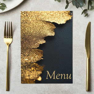 Cartão de Menu Elegante com Brilho Dourado e Preto