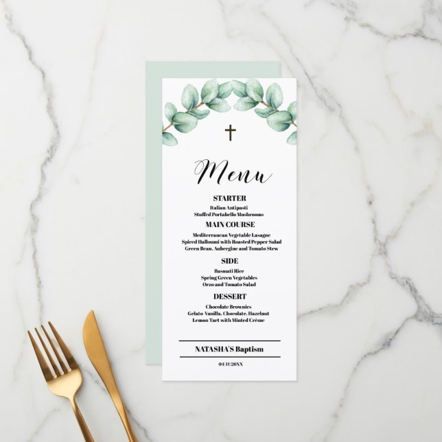Cartão de Menu Elegante de Batismo com Folhagem Mo (Frente/Verso In Situ)
