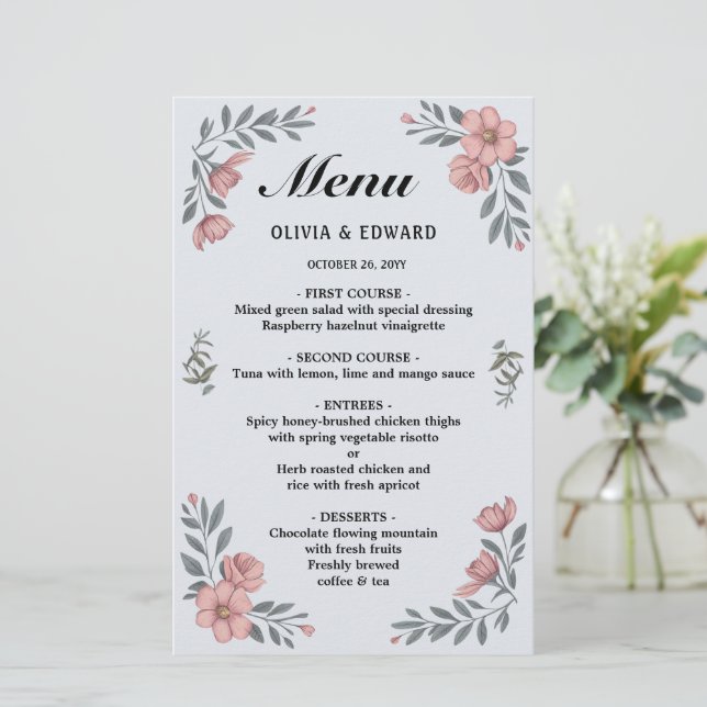 Cartão de Menu Elegante de Casamento - Olivia & Ed (Em pé/Frente)