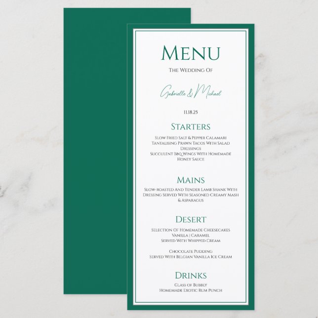 Cartão de Menu Elegante Emerald Green Wedding (Frente/Verso)