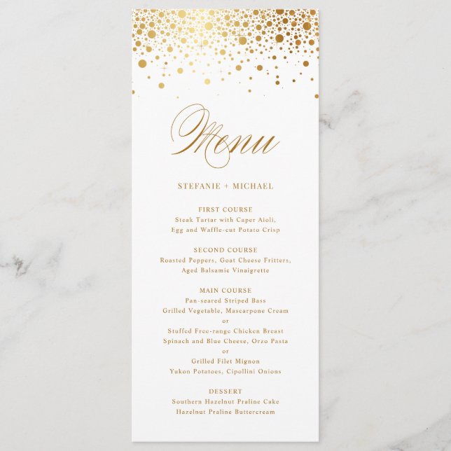Cartão de Menu Elegante Faux Gold Foil Confetti (Frente)