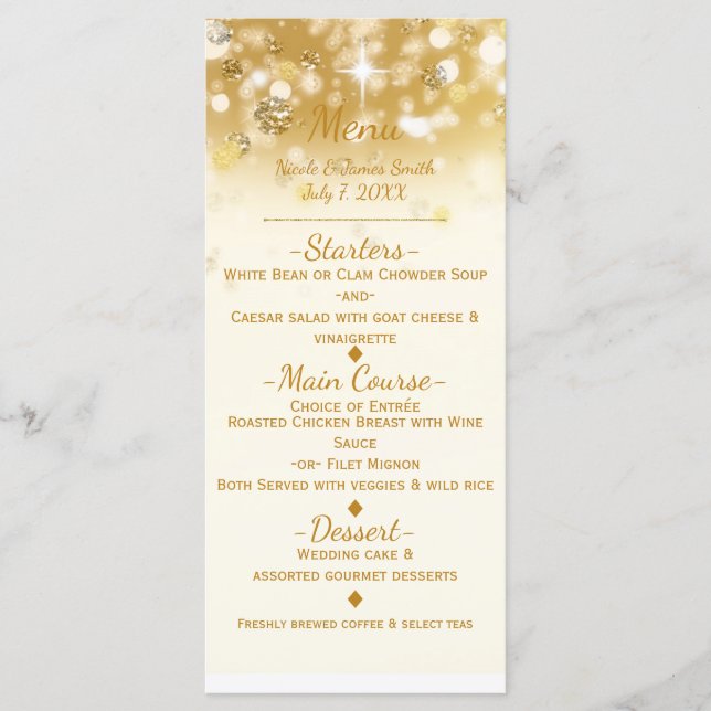 Cartão de Menu Elegante Glam Luzes Douradas Brilha (Frente)