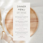 Cartão de Menu Elegante Minimalista Moderna<br><div class="desc">Menu de casamento, festa ou aniversário moderno e elegante. Um design elegante em preto e branco ou qualquer cor de fundo que você escolher. Basta clicar no link personalizar ainda mais, mostrado abaixo da área de personalização de texto à direita, e escolher a cor de fundo personalizada. Este modelo de...</div>