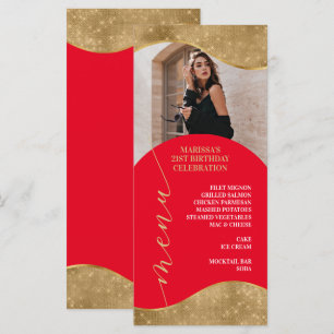 Cartão de Menu Elegante Vermelho e Dourado com Fot