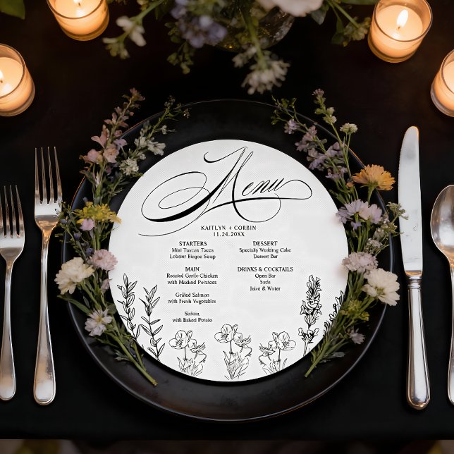 Cartão de Menu Flor Silvestre Escura Elegante (Elegant Charger Wedding Menu Card)
