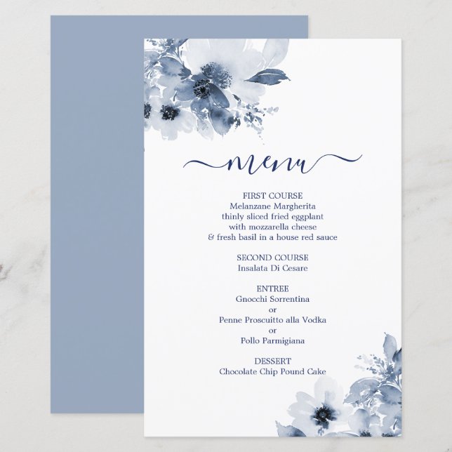 Cartão de Menu Floral Azul Dusty (Frente/Verso)