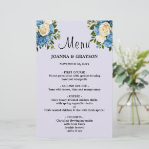 Cartão de Menu Floral Azul e Branco