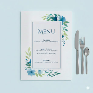 Cartão de Menu Floral Azul Elegante