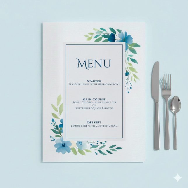 Cartão de Menu Floral Azul Elegante (Blue flowery wedding menu.)