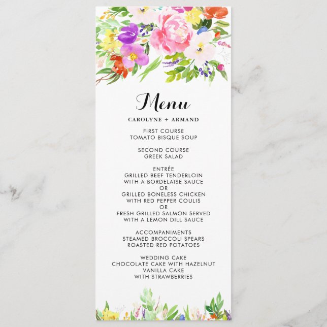 Cartão de Menu Floral de Casamento Floral com Prim (Frente)