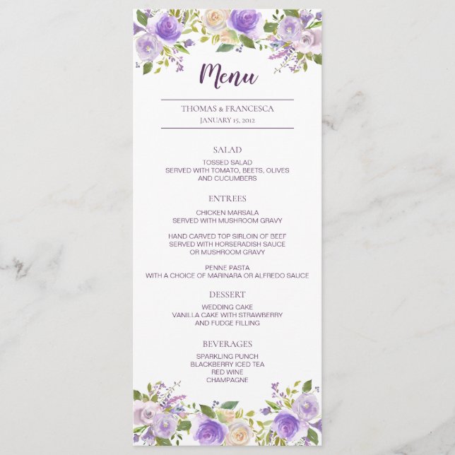 Cartão de Menu Floral de Casamento Floral Lilac Wa (Frente)