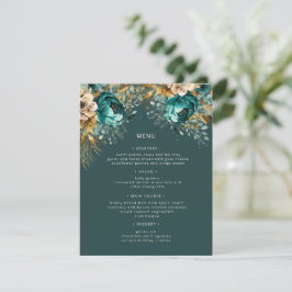 Cartão de Menu Floral de Luxo Dourado Teal