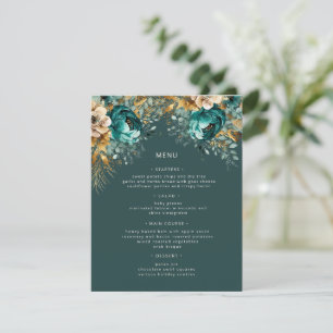 Cartão de Menu Floral de Luxo Dourado Teal