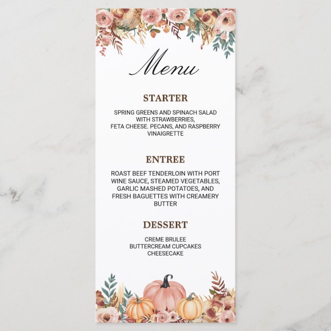Cartão de Menu Floral Elegante para Eventos (Frente)