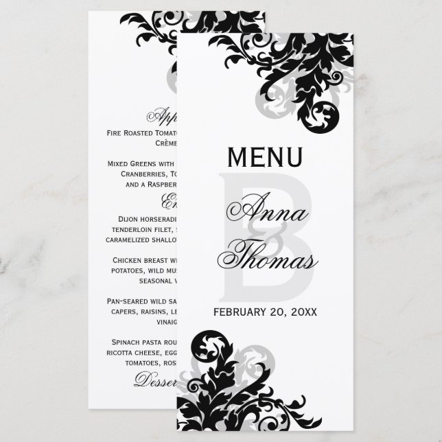Cartão de Menu Florescer Preto e Prata (Frente/Verso)