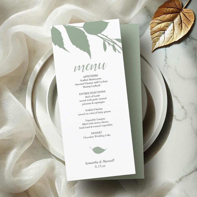 Cartão de Menu Folhagem de Casamento Verde (Wedding menu card tea length minimalist sage green leaves by Victoria Grigaliunas Do Tell A Belle)
