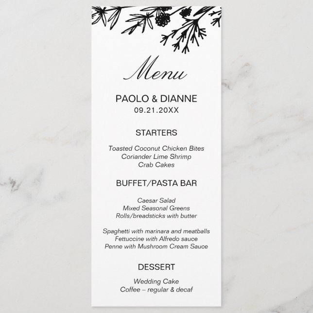 Cartão de Menu Folhas Botânicas Desenhadas à Mão (Frente)