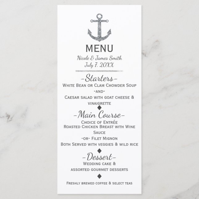 Cartão de Menu Glamour Âncora Brilho Prata Náutico (Frente)