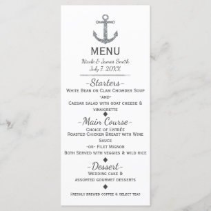 Cartão de Menu Glamour Âncora Brilho Prata Náutico