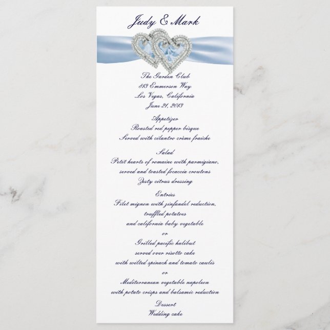 Cartão de Menu Ice Blue Hearts Personalizado (Frente)