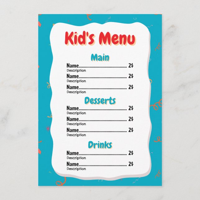 Cartão de Menu Infantil de Restaurante (Verso)