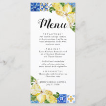 Cartão de menu italiano Lemon Azulejo azul