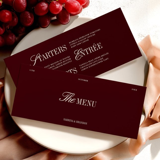 Cartão de Menu Janto de Casamento de Marinha e Bor (Elegant Burgundy & Ivory Wedding Dinner Menu Card)