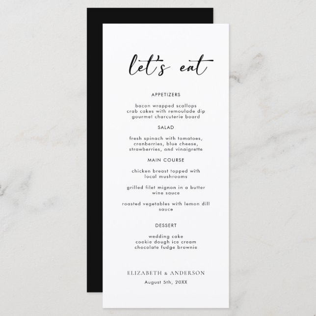 Cartão de Menu Janto de Casamento de Script Elegan (Frente/Verso)