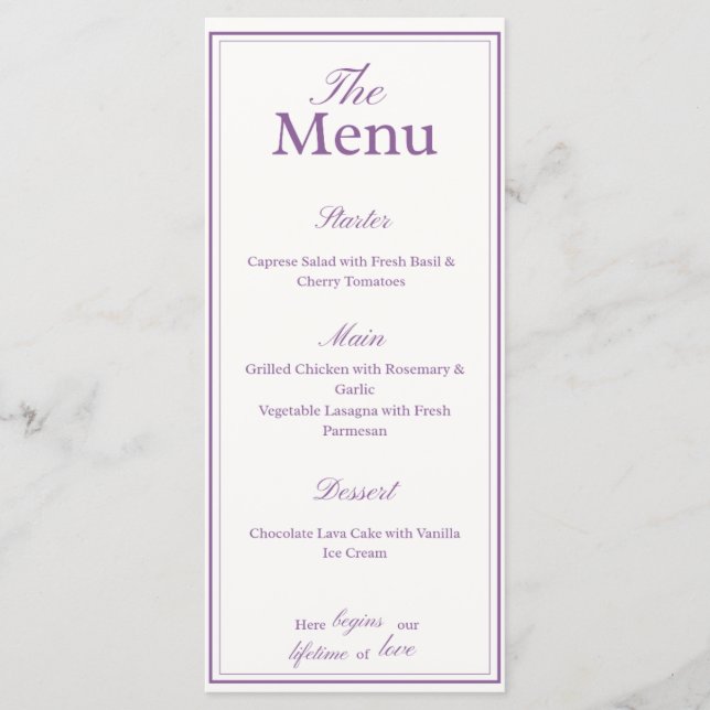 Cartão de Menu Lavanda Lilás, casamentos, jantar (Frente)