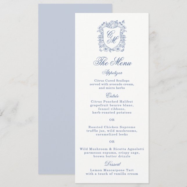 Cartão de Menu Longo de Casamento com Brasão Flora (Frente/Verso)