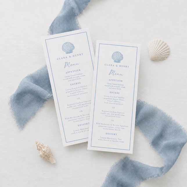 Cartão de Menu Longo de Casamento Minimalista Azul (Criador carregado)