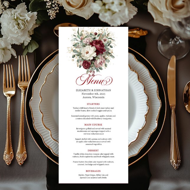 Cartão de Menu Luxo Boho Borgonha Floral Dourado (Luxury Boho Burgundy Floral Gold Menu Card)