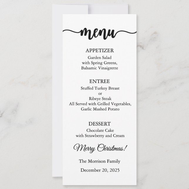 Cartão de Menu, Menu de Natal, Jantar, Almoço (Frente)
