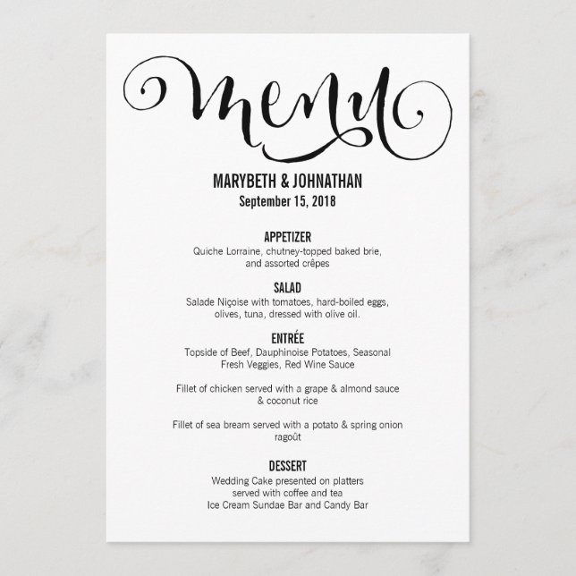Cartão de Menu Moderno Do Script Wedding (Frente)