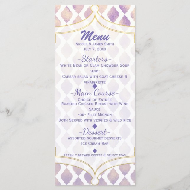 Cartão de Menu Moderno Marroquino Dourado Roxo e B (Frente)