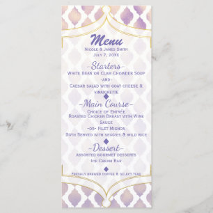 Cartão de Menu Moderno Marroquino Dourado Roxo e B