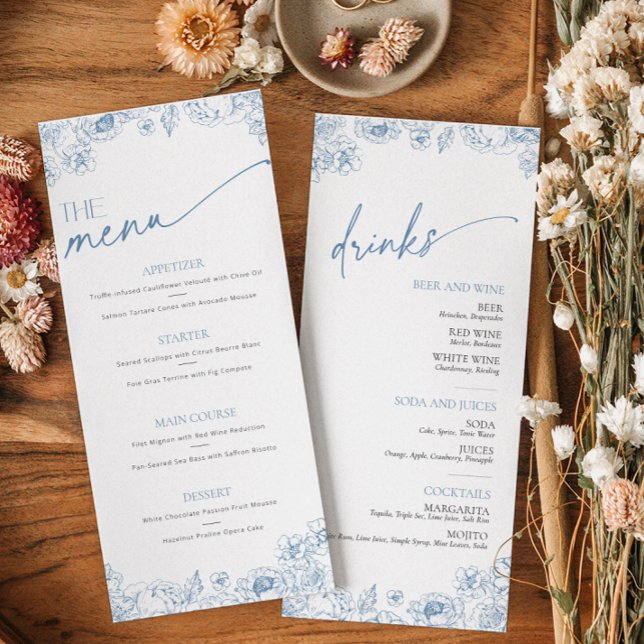 Cartão de Menu para Comidas e Bebidas Azuis Elegan (Food and Drinks Menu with french blue floral toile de jouy pattern)