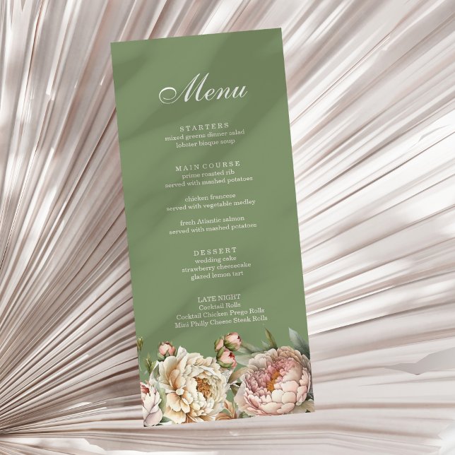 Cartão de Menu Pêonias Cor-de-Rosa Esbranquiçada E (Elegant Greenery Blush Pink Peonies Menu Card on a sunny white dry palm leaf.)