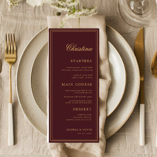 Cartão de Menu Personalizado Burgundy Gold com Nom