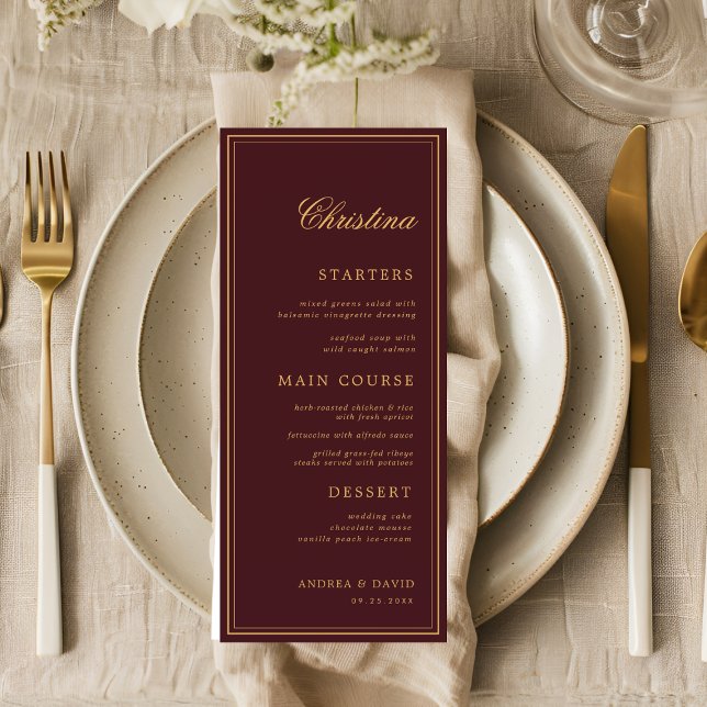 Cartão de Menu Personalizado Burgundy Gold com Nom (Criador carregado)