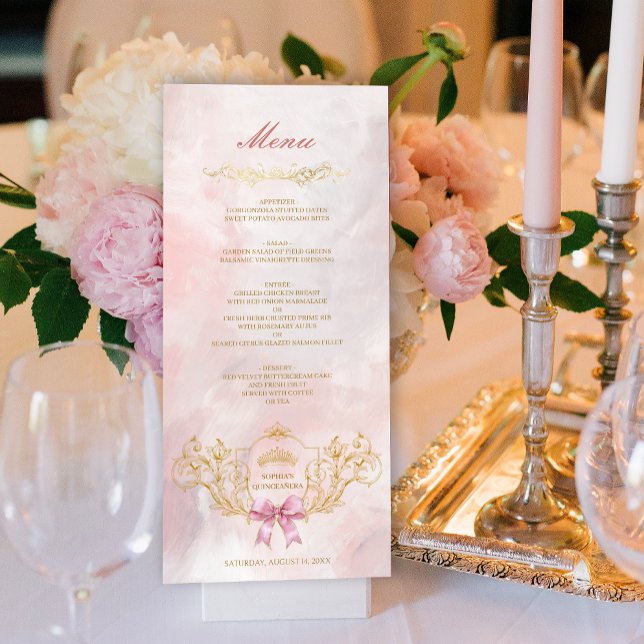 Cartão de Menu Personalizado Classy Crown Pink Bow (Classy Crown Pink Bow Quinceanera Custom Menu Card)