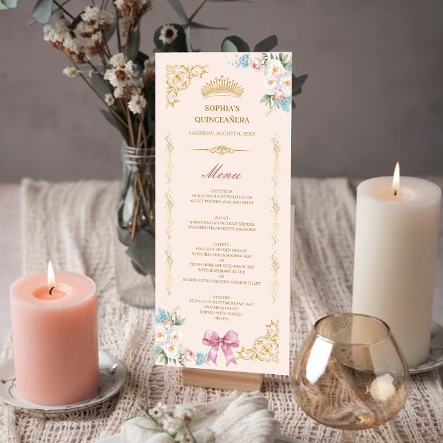 Cartão de Menu Personalizado Classy Crown Pink Bow (Classy Crown Pink Bow Quinceanera Custom Menu Card)