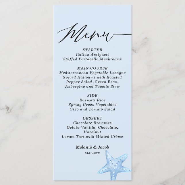 Cartão de Menu Plano de Casamento Blue Starfish Su (Frente)