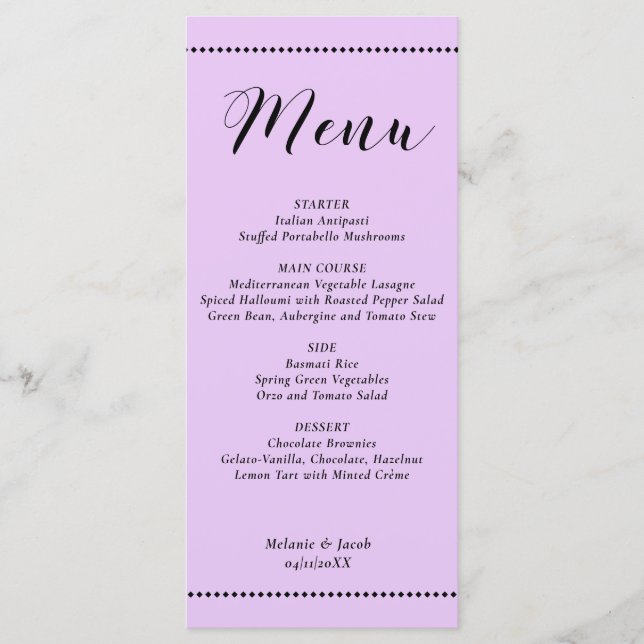 Cartão de Menu Plano de Casamento Lavanda Minimali (Frente)