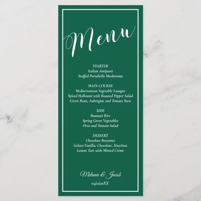 Cartão de Menu Plano de Casamento Verde Minimalist (Frente)