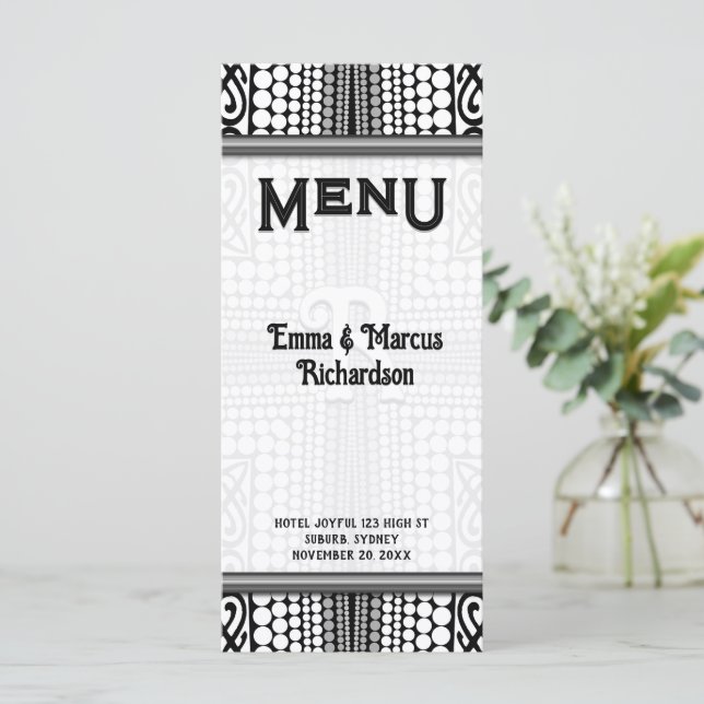 Cartão de Menu Preto Branco Borda Urbana Tribal Mo (Em pé/Frente)