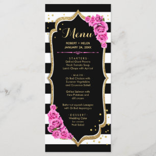 Cartão de Menu Preto Branco Rosa Dourado